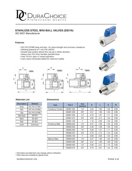 Stainless Steel (316) Mini Ball Valve - FxM NPT