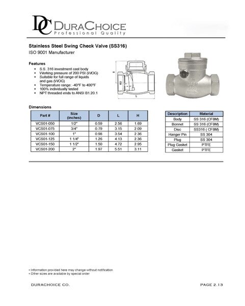 Stainless Steel 316 Swing Check Valve - 200 PSI (WOG)