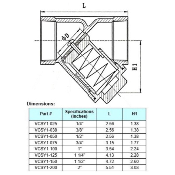 Stainless Steel 316 Y-Spring Check Valve, 800 PSI