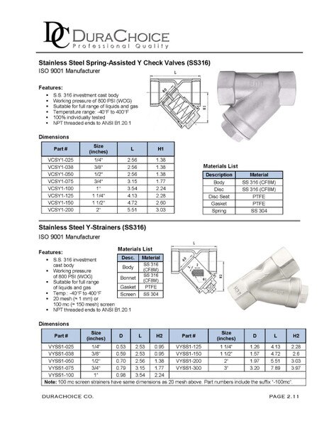 Stainless Steel 316 Y-Spring Check Valve, 800 PSI