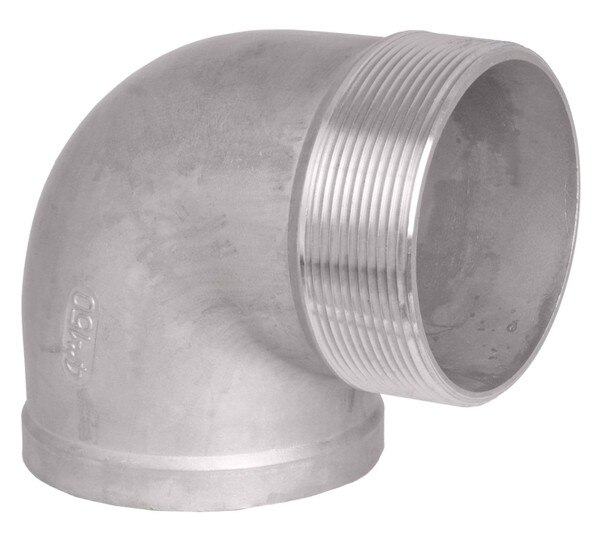 MxF NPT Threaded Elbow Fitting, available in SS304 and SS316. Elbow bends at 90-degree angle.
